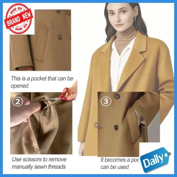 Long Wool Pea Coat Double Breasted Trench Jacket Winter Overcoat Lightweight - Picture 5 of 7